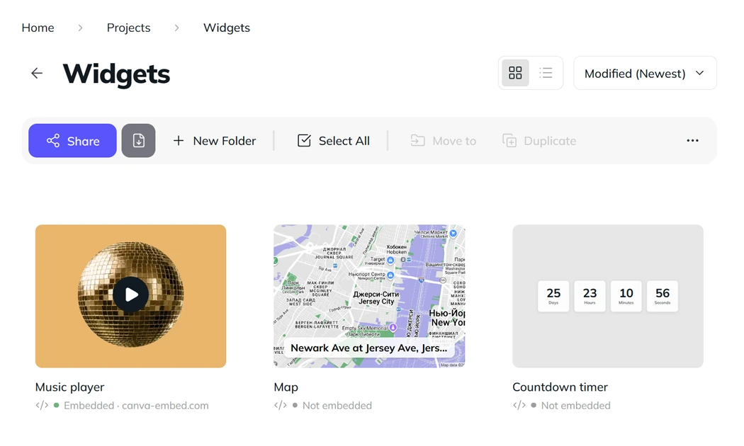 Invitarium Widgets folder with music, map, and countdown widgets ready to share