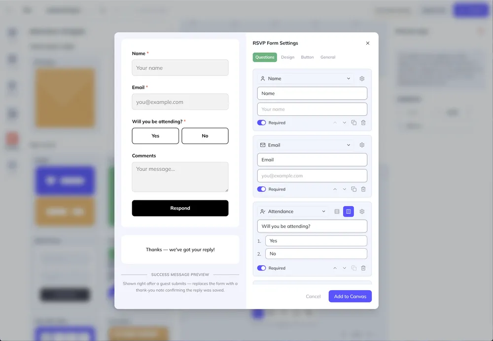 The RSVP form, available to try on a tablet or desktop