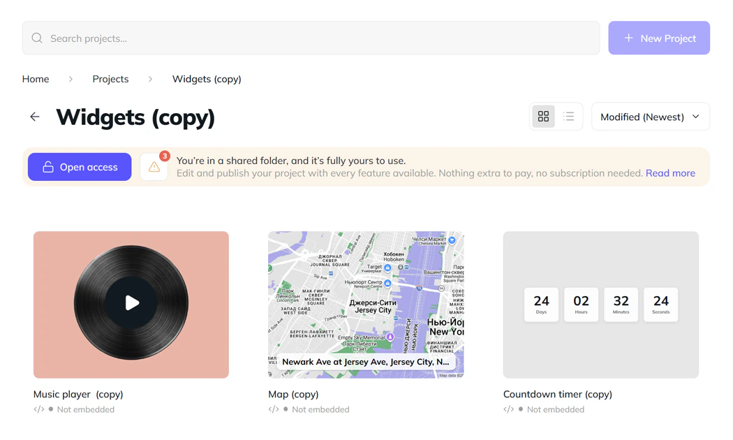 A delivered folder of independent widget copies in the buyer's Invitarium account