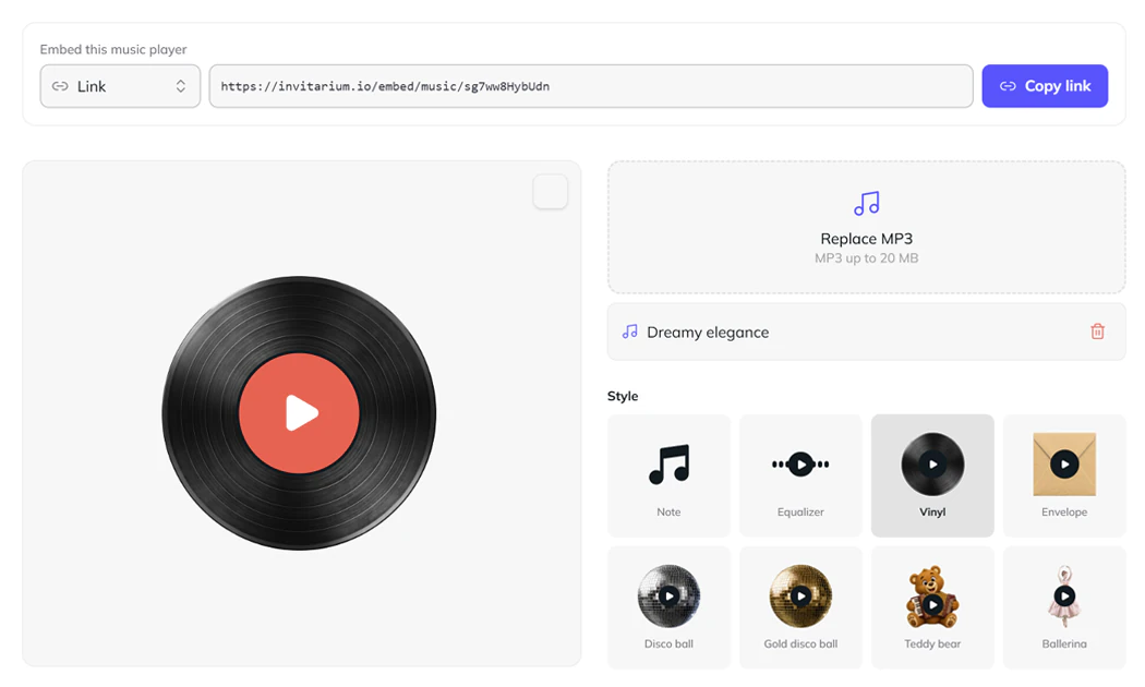 A personalized music widget with its public link ready to copy for Canva