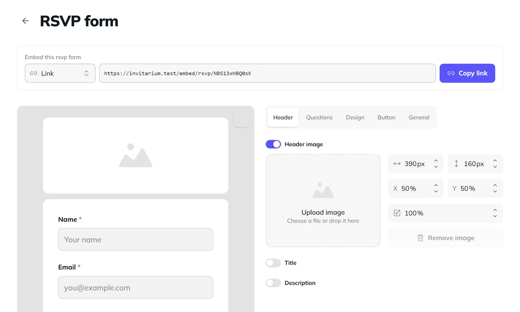 The Invitarium RSVP widget editor with a live preview and question settings
